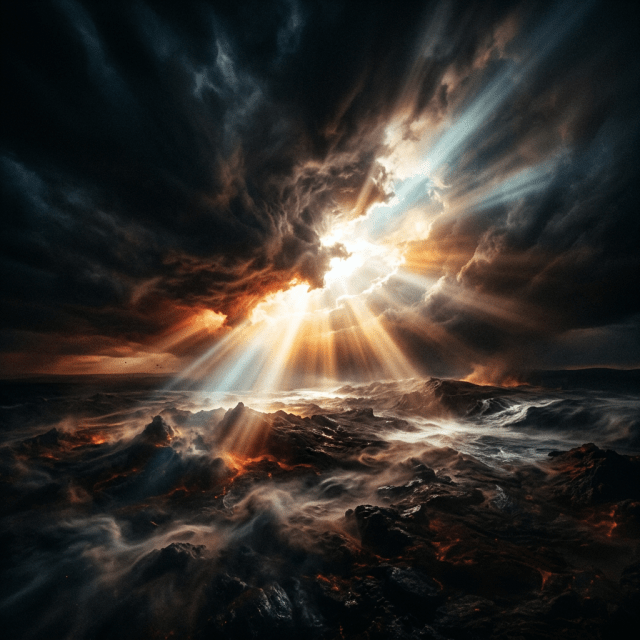 Sun rays piercing through dark stormy clouds above glowing volcanic rock and smoke