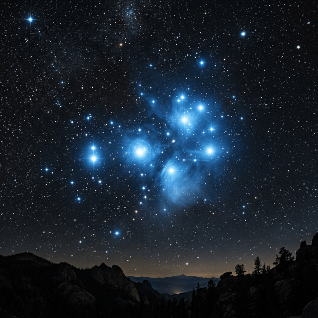 Bright Pleiades star cluster glowing in a star-filled night sky above silhouetted mountains