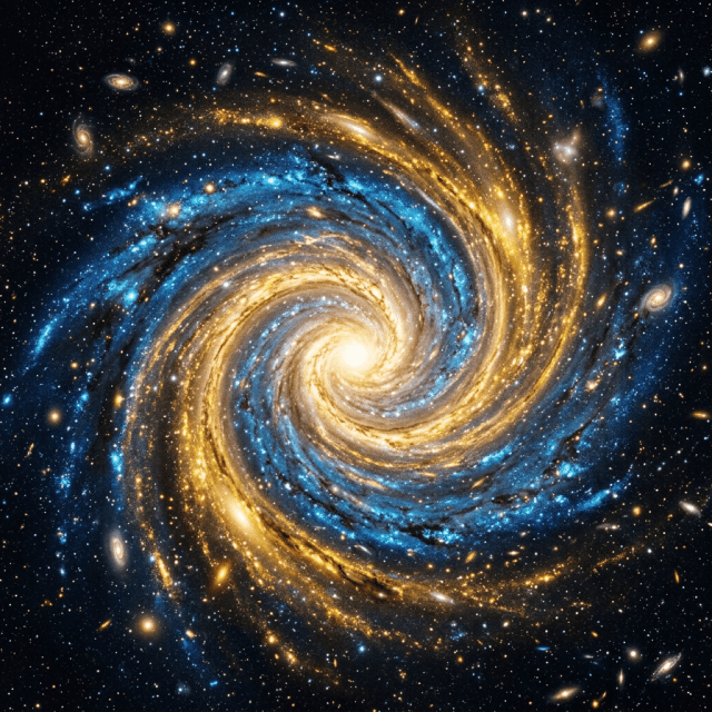Spiral galaxy with bright blue and golden arms and a glowing center